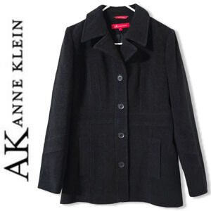 Vintage ANNE KLEIN Single Breasted Short Peacoat in Dark Charcoal, 100% Wool